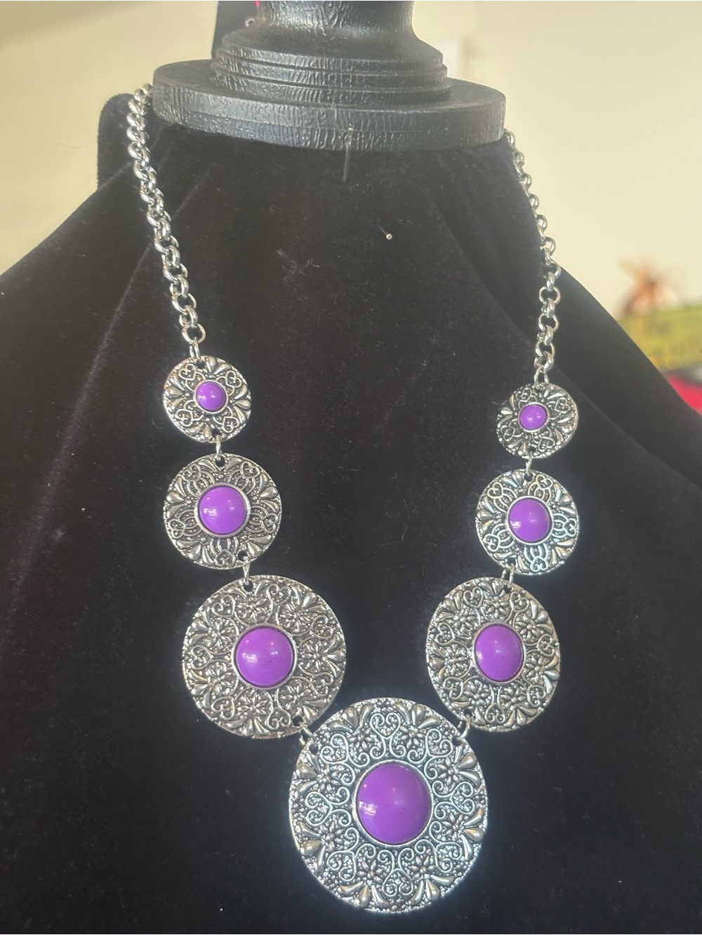 Purple Stone Antique Silver-Tone Statement Necklace